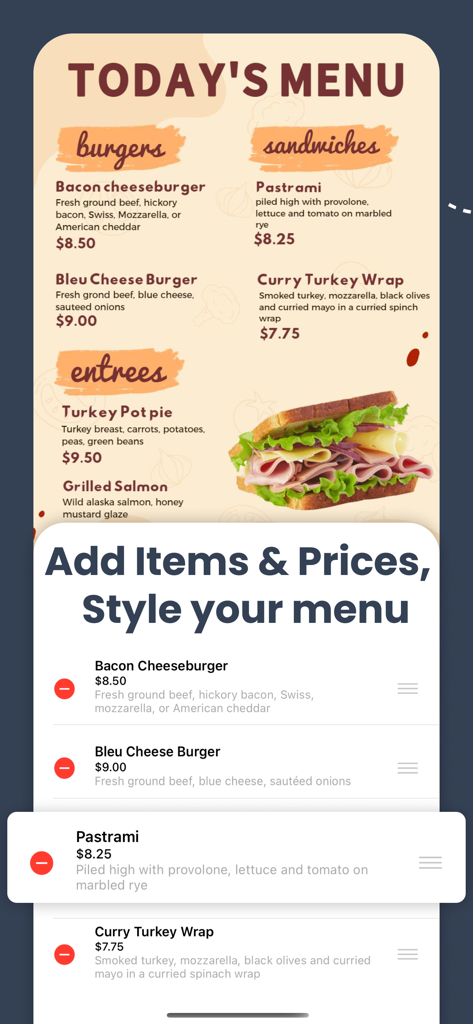A mobile app interface showing a preview of a restaurant menu and a list to edit food items and prices.