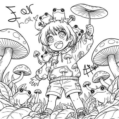 a girl with short hair and mushrooms and frogs lea