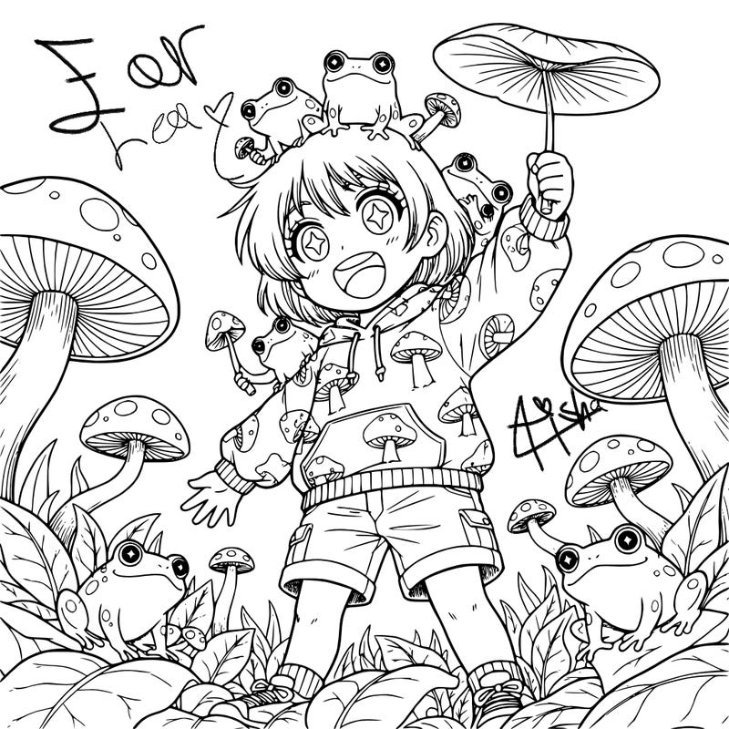 a girl with short hair and mushrooms and frogs lea