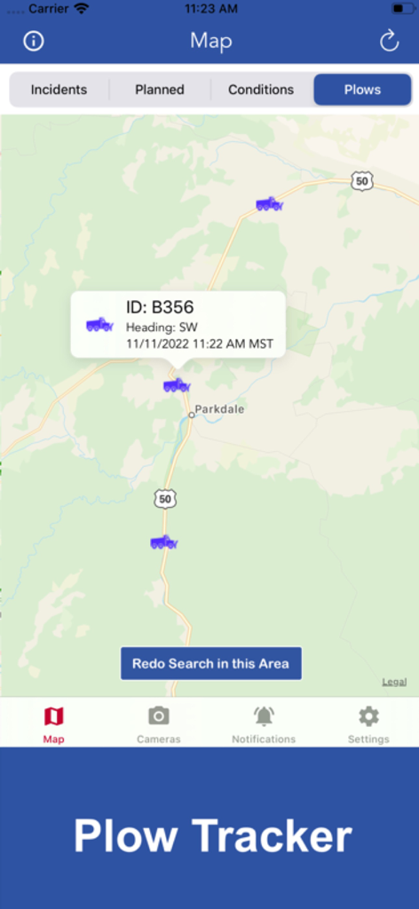 A map interface in the CDOT Colorado Road Conditions app showing live snowplow locations and tracking details.