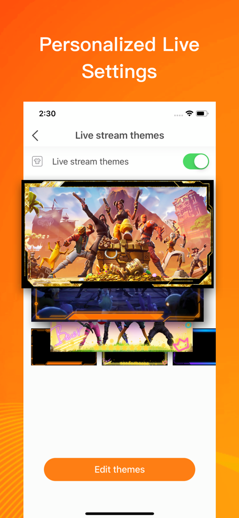 Interface of DU Recorder app showing personalized live stream themes and gaming overlays for mobile broadcasting