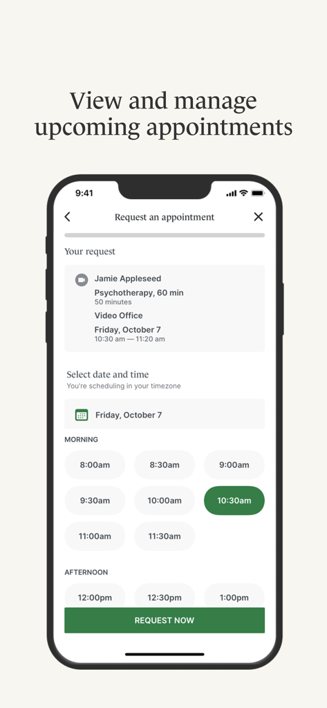 A mobile screen showing how to request a psychotherapy appointment in the SimplePractice Client Portal app