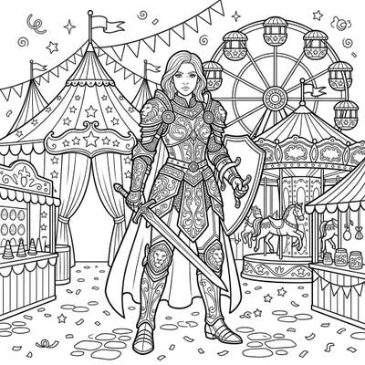 Step into a world where medieval valor meets carnival delight with this intricate adult coloring page. Featuring a noble paladin surrounded by festive fairground attractions, it promises hours of creative engagement.