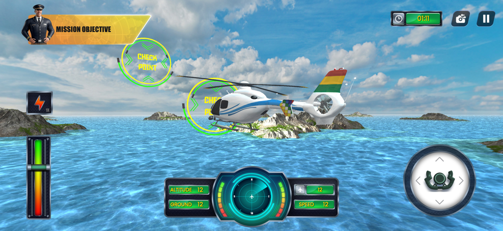 Real Flight Simulator - A white helicopter flying over a tropical ocean through green mission checkpoints in Real Flight Simulator 3D