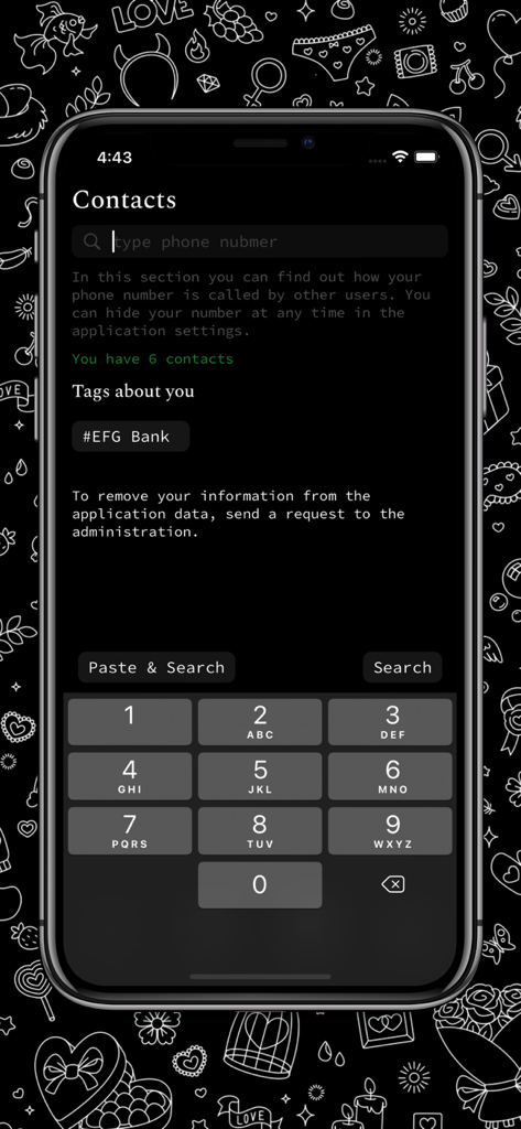 No.Chat - Screenshot of the No.Chat app contacts screen featuring a phone number search bar and tags section for identification