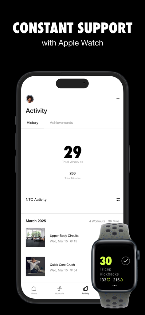 Nike Training Club app activity history screen synced with an Apple Watch