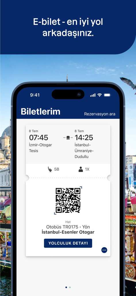 A digital bus ticket on the Kamil Koc mobile app featuring a QR code for travel between Izmir and Istanbul.