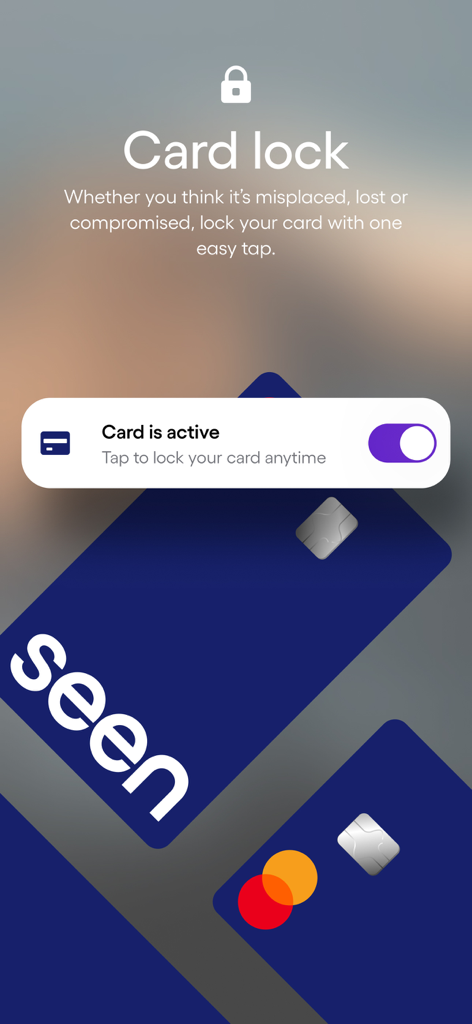 Seen Mobile - Build Credit - Capture d'écran de l'application Seen Mobile montrant la fonction de sécurité de verrouillage de carte pour une carte de crédit