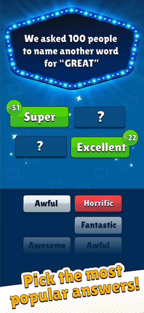Popular Words: Family Game - Schermata di gioco di Parole Popolari che mostra una domanda di sondaggio che chiede sinonimi della parola fantastico con risposte popolari come Super ed Eccellente.