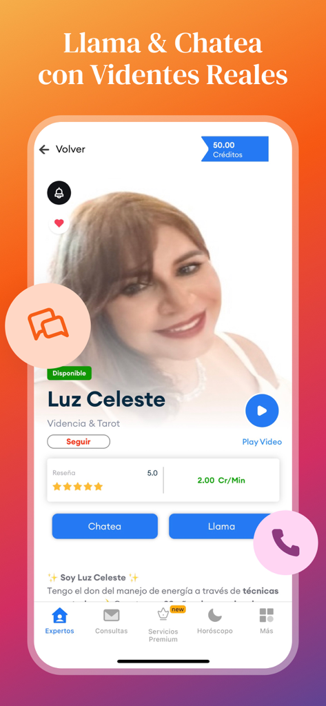 Mi Vidente: Psiquicos Reales - Captura de pantalla de la aplicación móvil Mi Vidente que muestra el perfil de un psíquico con opciones para llamar o chatear para recibir guía espiritual.