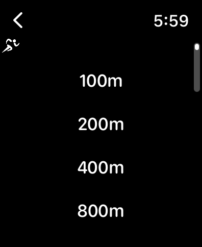 Apple Watch-Bildschirm mit einer Liste von Laufstrecken, einschließlich 100 m und 200 m.