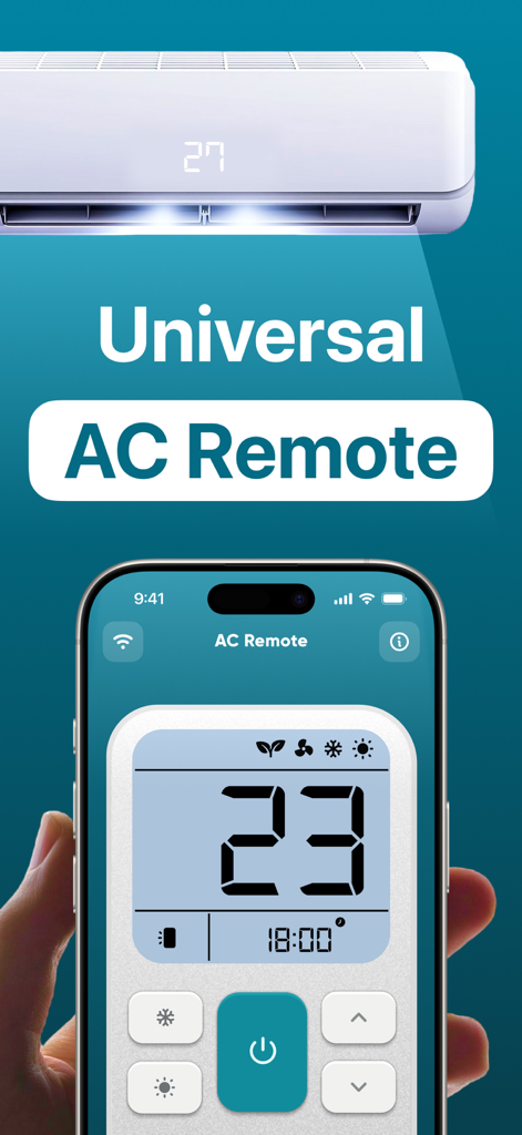 AC Remote, Air Conditioner Pro - Smartphone affichant l'interface de l'application AC Remote Air Conditioner Pro pour contrôler une unité de climatisation