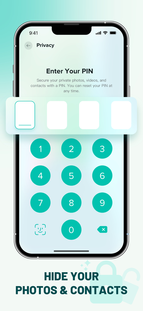 Master Cleaner - Clean Storage - Smartphone screen showing a PIN entry interface to hide photos and contacts in the Master Cleaner app