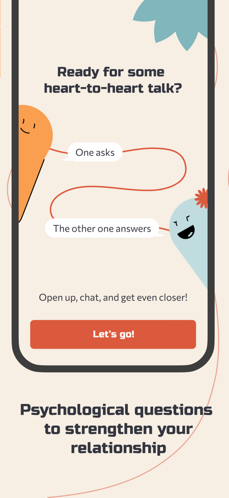 PillowTalk app introductory screen showing heart-to-heart conversation prompts for couples.