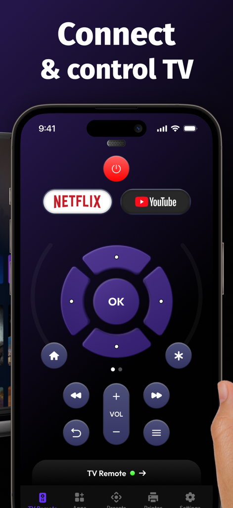 TV Remote for Roku Control - Tela do smartphone exibindo a interface do aplicativo TV Remote for Roku Control com botões de navegação e atalhos de streaming