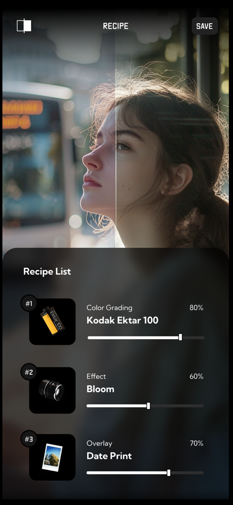 FilmRoll - Film Camera Recipe - FilmRoll app screen showing a split view photo with editing recipes like Kodak Ektar 100 and Bloom effects