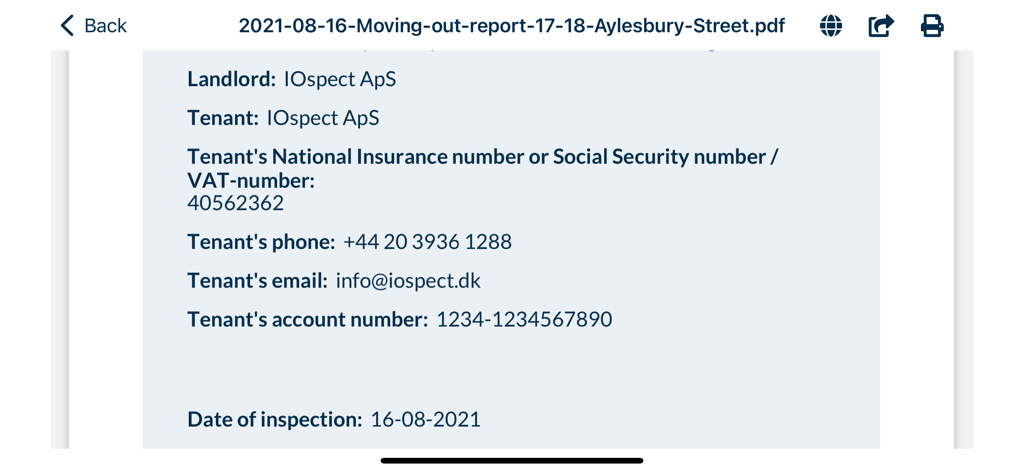 A digital move-out report summary in the DomuSpect app showing landlord and tenant contact details and inspection date