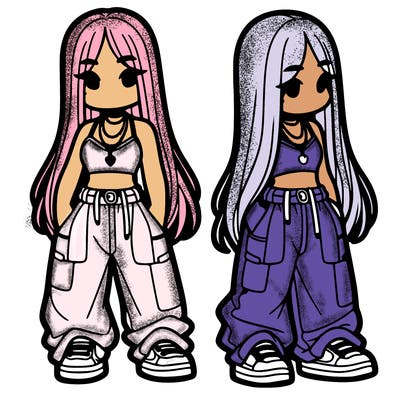 girl in baggy pants crop top and long hair