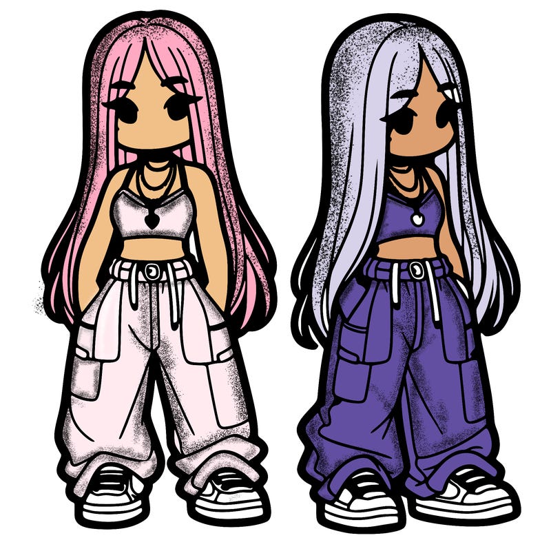 girl in baggy pants crop top and long hair