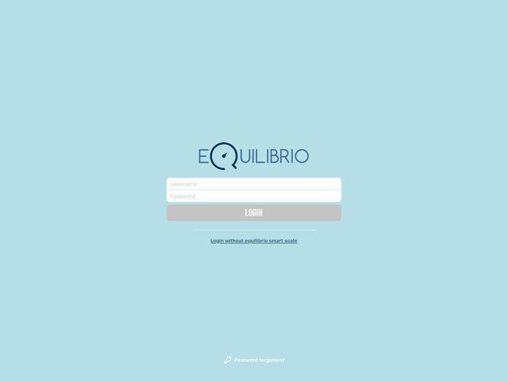 Equilibrio App - Equilibrio App login screen with username and password fields on a light blue background