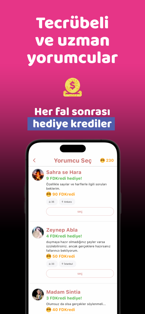 Fal Diyarı - Kahve Falı - Interface mobile de l'application Fal Diyari affichant une liste de voyants professionnels et les récompenses sous forme de crédits cadeaux.