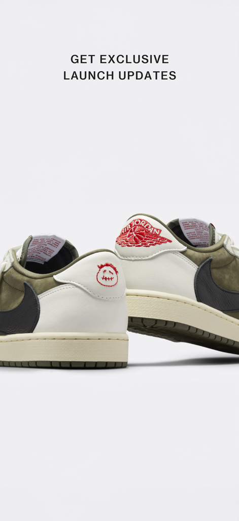 Primer plano de zapatillas Jordan con el texto 'Recibe actualizaciones exclusivas de lanzamiento en la app OFFSPRING'.