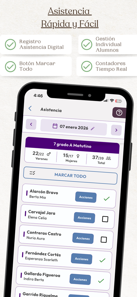 A screenshot of the Asunción-Leon mobile app displaying a digital attendance tracking screen with a list of students and real-time status counters.