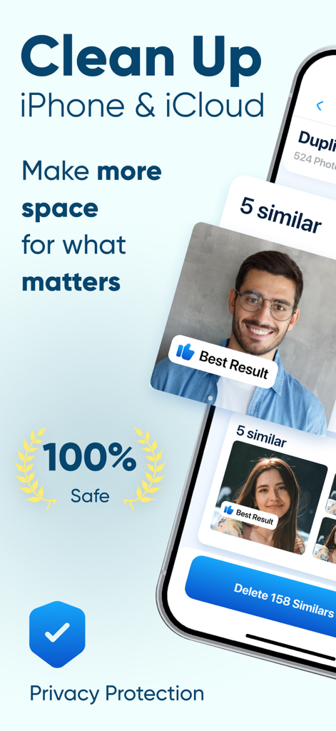 Storage Cleaner app interface showing similar photo cleanup and privacy protection features for iPhone