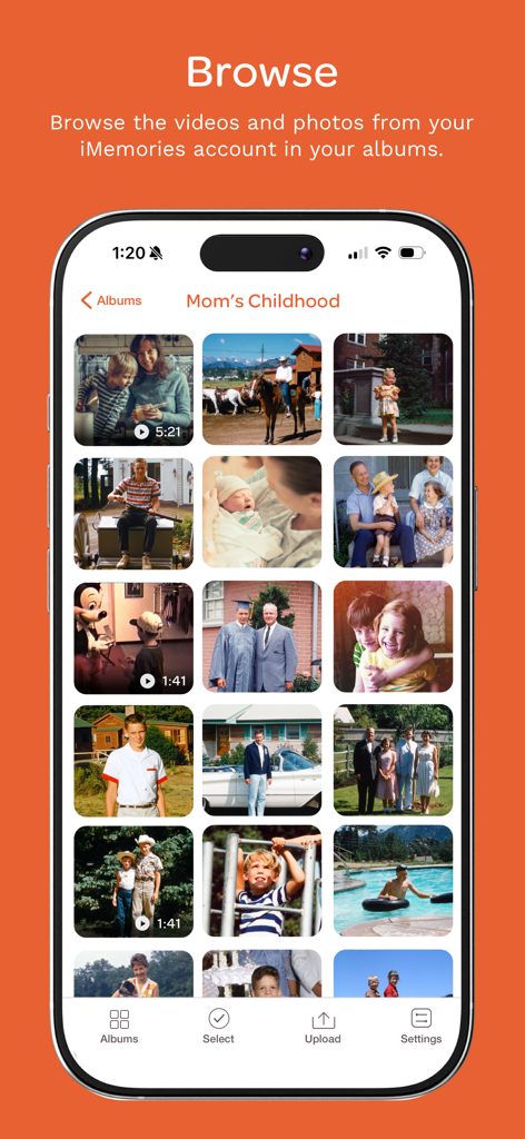 iMemories - iMemories app screen showing a collection of vintage family photos and videos in an album titled Mom's Childhood