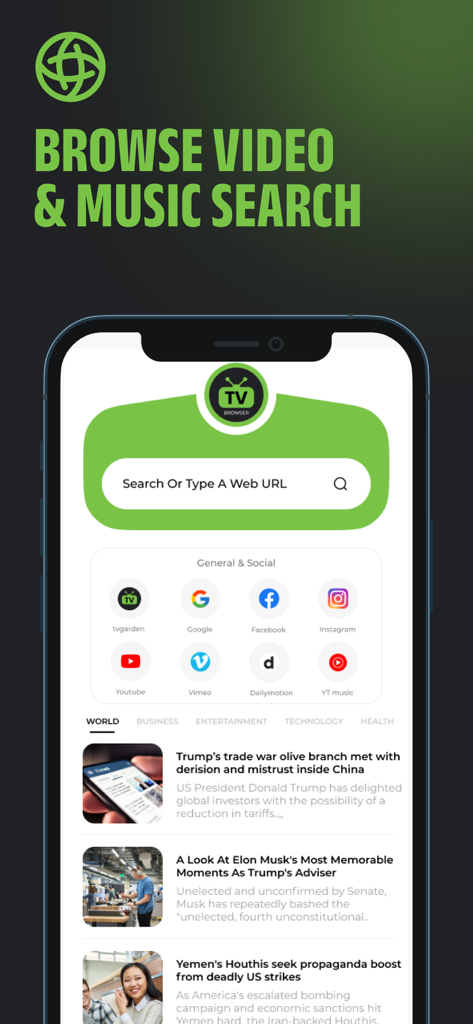 Tvgarden: Movie, Sport Browser - Pantalla de inicio del navegador Tvgarden con barra de búsqueda y feed de noticias