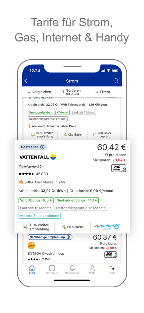 CHECK24 - CHECK24 mobile app interface showing a comparison of electricity tariffs and potential savings.