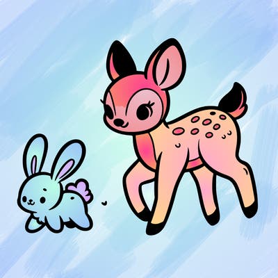 a fawn walking with a cute bunny