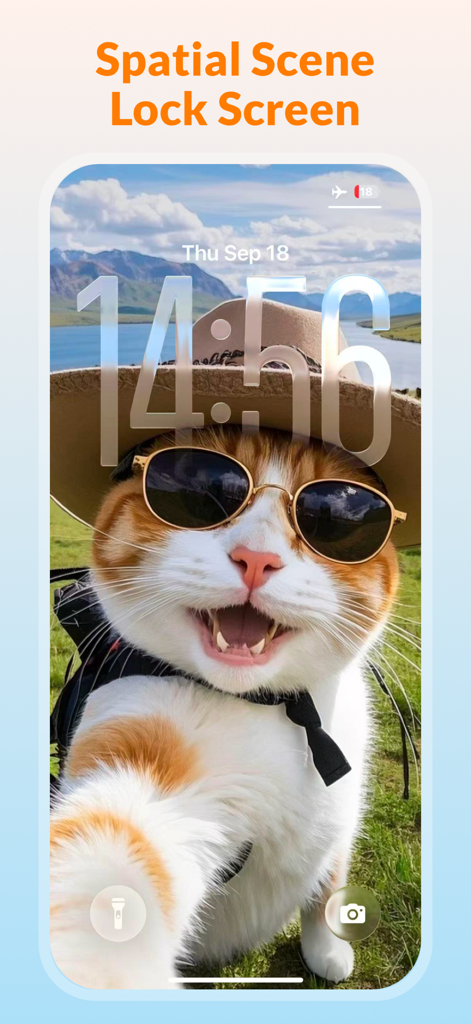 Mixy-Themes, Lock Widget - Una schermata di blocco con scena spaziale raffigurante un gatto felice con occhiali da sole e cappello