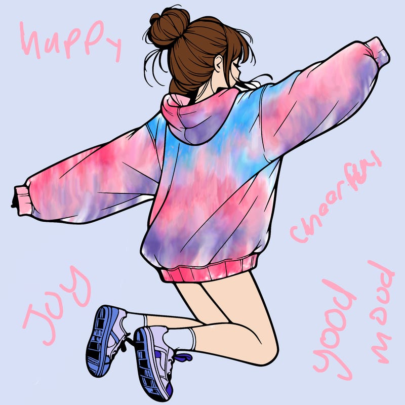realistic girl jumping with a bun and oversized sweatshirt