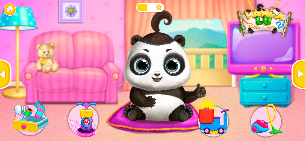 Adorable bebé panda Lu en una sala de estar rosa con iconos interactivos de limpieza