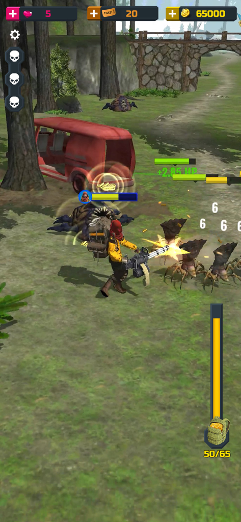 Character in a yellow jacket firing a minigun at waves of zombies in a forest setting