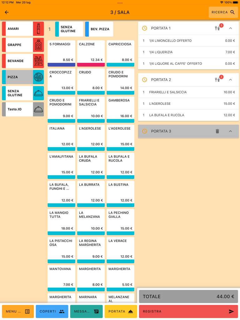 Interfaz de punto de venta Tavolinux 3 en iPad que muestra artículos del menú del restaurante y resumen del pedido