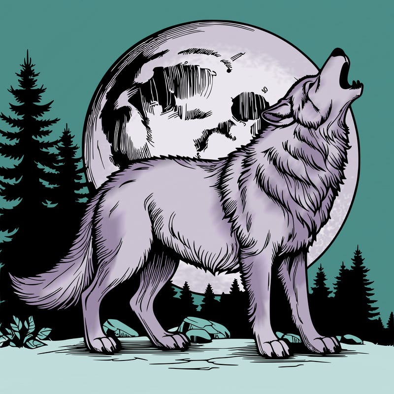 realistic wolf howling at the moon
