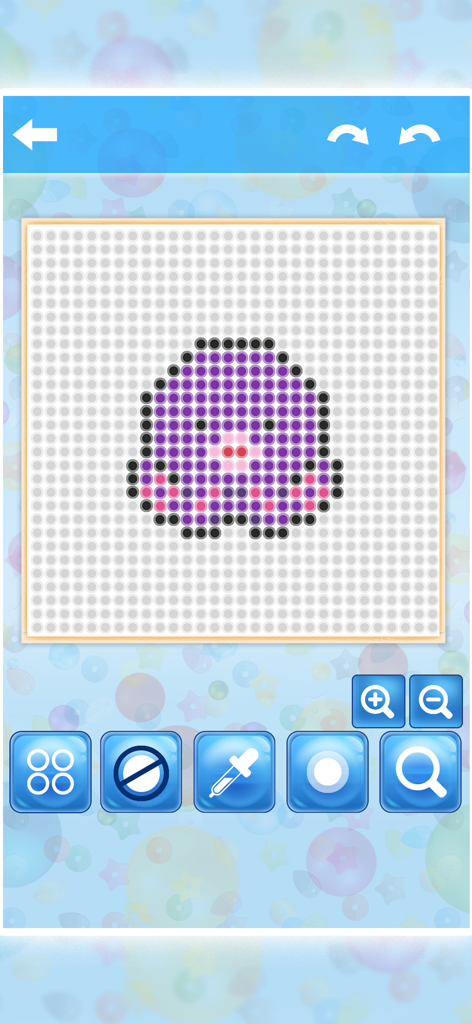Beads Art Creator - Beads Art Creator app interface showing a purple and pink bead octopus on a square pegboard with creative tools.