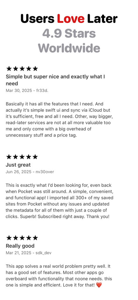 Later | Save Links, Read Later - A collection of positive 5-star user reviews and a 4.9 worldwide rating for the Later app.