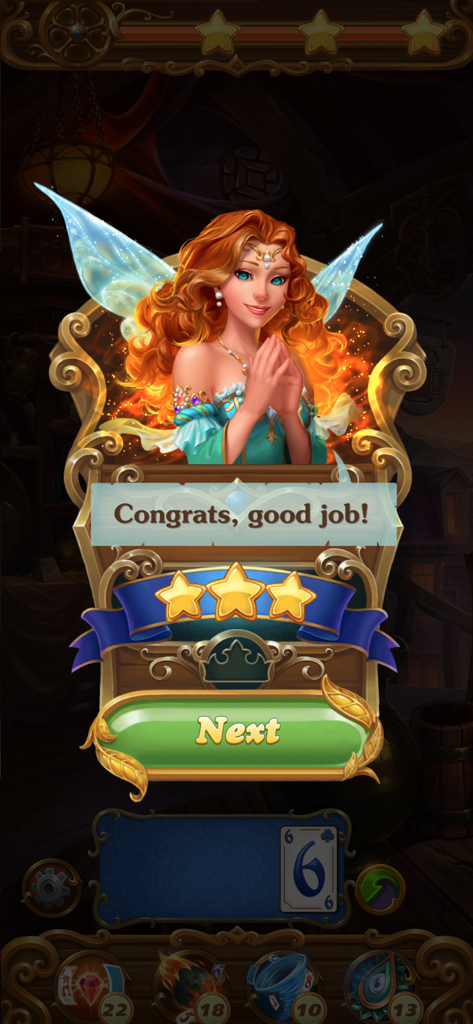 Magic Story Solitaire No wifi - Fairy character congratulating the player with three stars in Magic Story Solitaire.