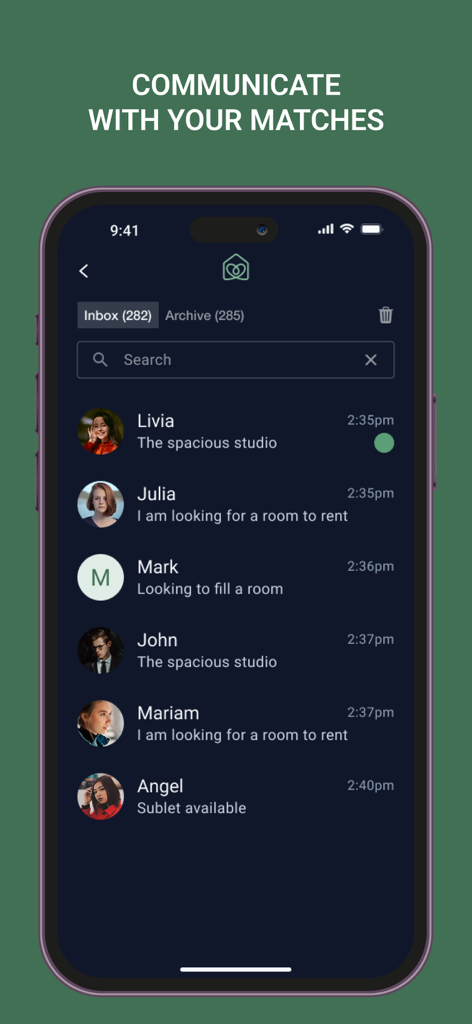 Roomster - Bandeja de entrada de la aplicación Roomster que muestra mensajes privados con posibles compañeros de piso