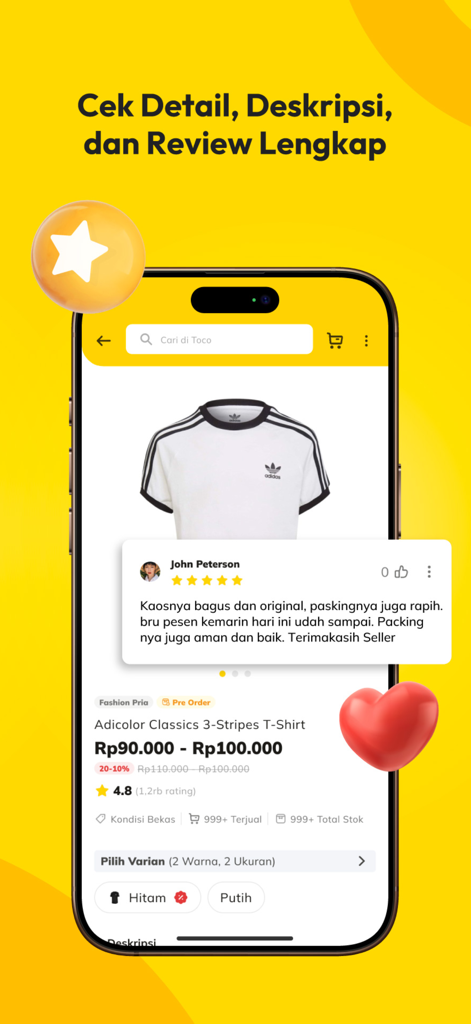 Toco - Sell and Buy - A mobile screen of the Toco app displaying an Adidas t-shirt listing with a five star customer review