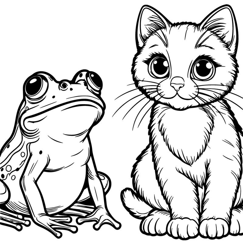 realistic cat nexts to a frog