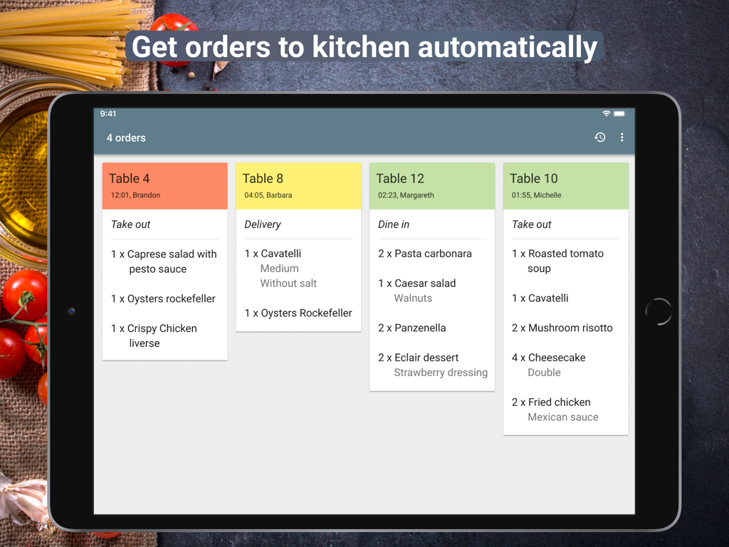 Sistema de pantalla de cocina en un iPad que muestra pedidos de comida activos con encabezados de estado codificados por colores