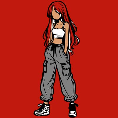 girl in baggy pants crop top and long hair