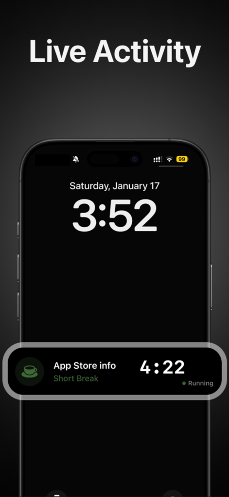 Todo List & Pomodoro: PomoTask - PomoTask App Live Activity Widget auf dem iPhone-Sperrbildschirm, das einen kurzen Pausen-Timer anzeigt