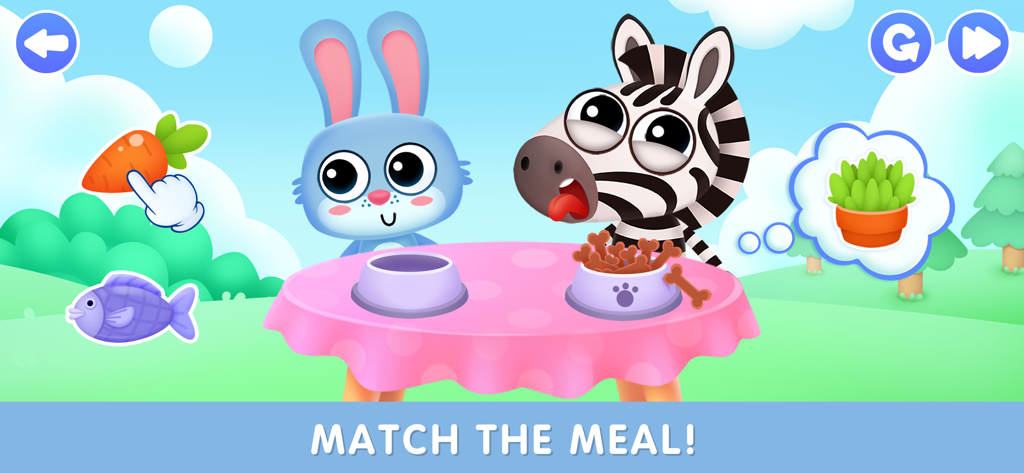 Pet care games for kids 2 5 - Juego interactivo de emparejar para que los niños pequeños alimenten a un conejito y una cebra.