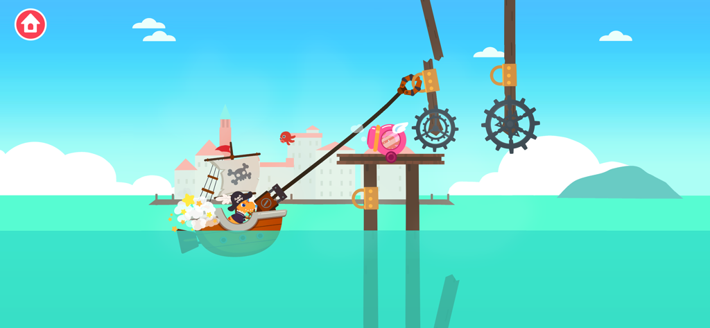 Dinosaur Pirate Games for kids - A dinosaur pirate using a mechanical manipulator arm on a ship to interact with gears in an educational physics game for kids