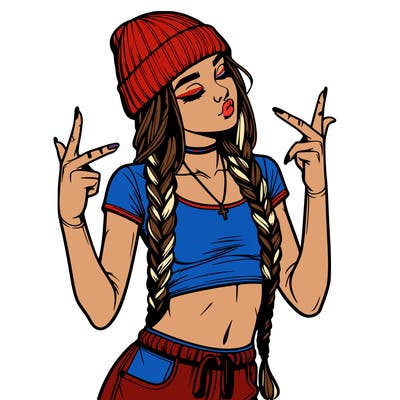 realistic teenage girl with braids and a beanie and crop top doing 🫶🏼